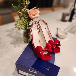Stuart Weitzman, Candy Apple Red Patent Leather Bow Shoe /Heels, 7.5